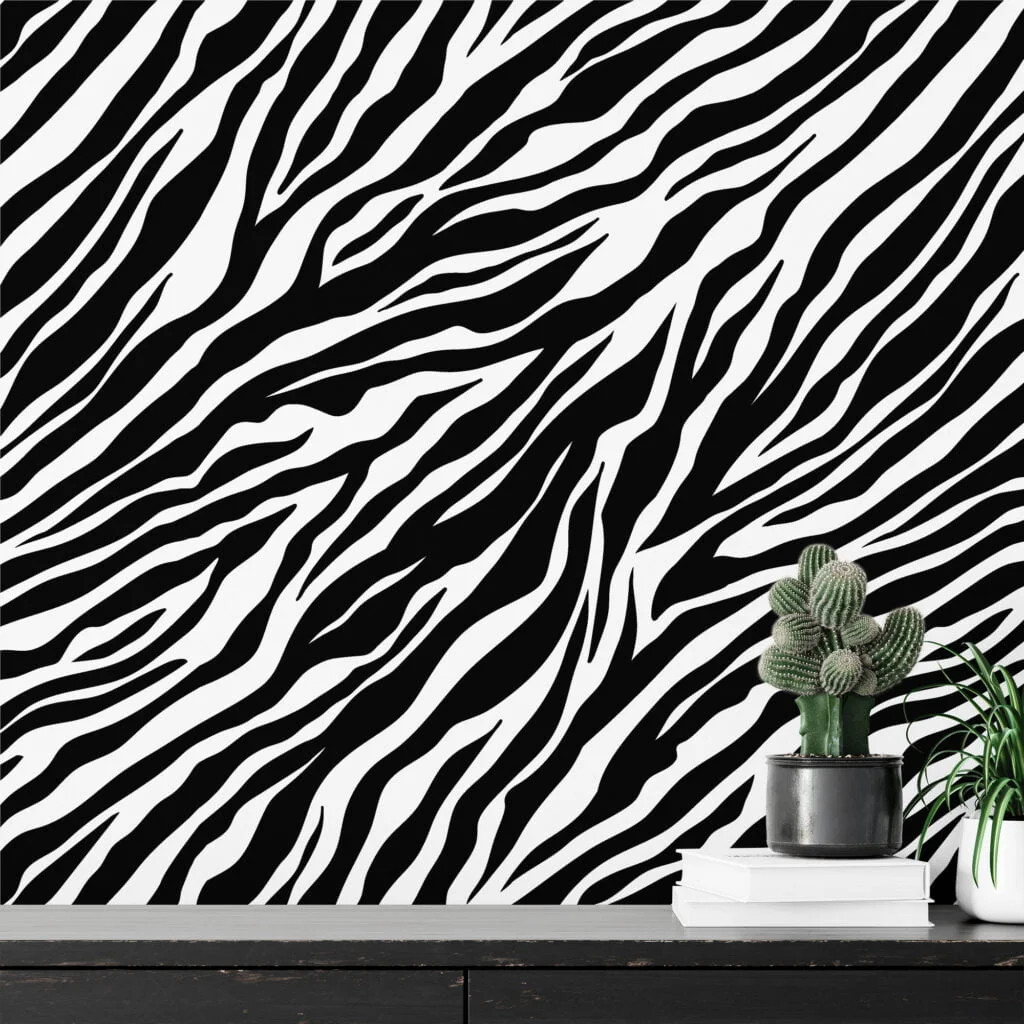 Zebra Skin Print Pattern Illustration Wallpaper, Classic Black & White Stripe Design Peel & Stick Wall Mural