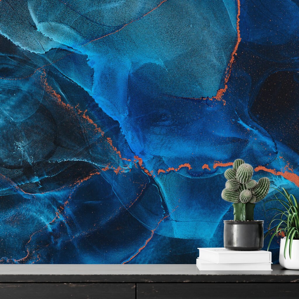 Negative Effect Alcohol Ink Art Marble Wallpaper, Dark Blue And Copper Peel & Stick Wall Mural