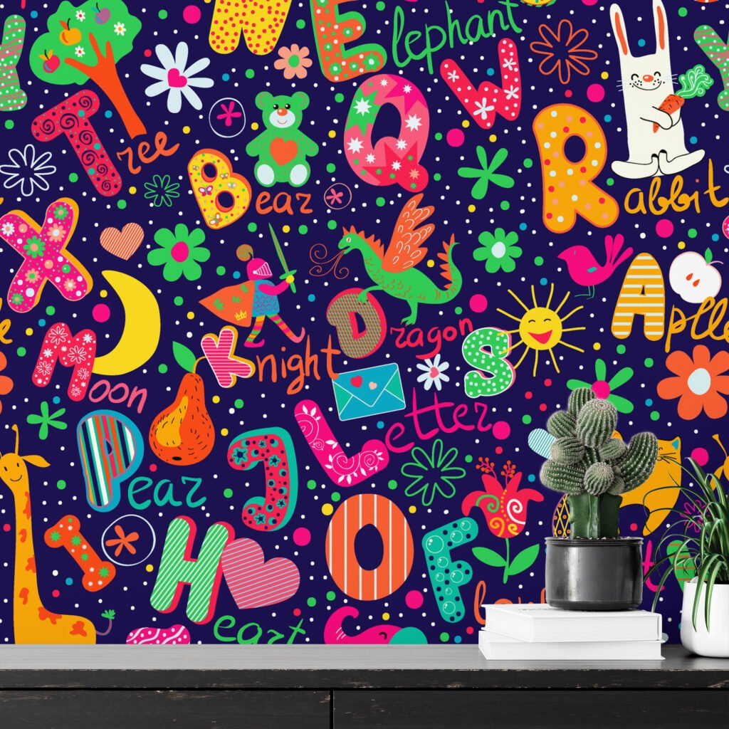 Cartoon Kids Illustration With Letters And Animals Wallpaper, Alphabet Adventure Nursery Peel & Stick Wall Mural
