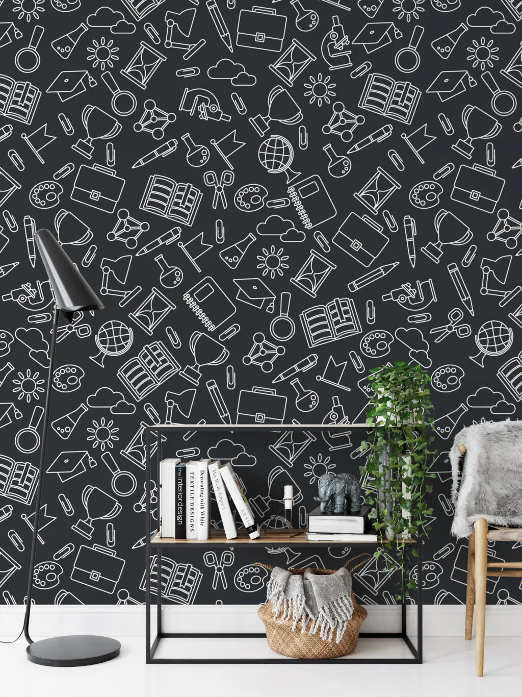 School Icons Kids Room Illustration Wallpaper, Educational Doodles Peel & Stick Wall Mural