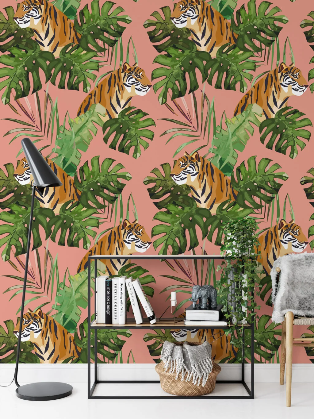 Tropical Illustration With Tigers on A peach Background, Jungle-Inspired Lush Peel & Stick Wall Mural