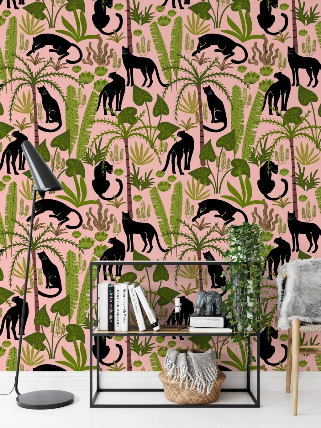 Flat Art Pink Jungle With Panthers Illustration Wallpaper, Prowling Black Panthers Peel & Stick Wall Mural