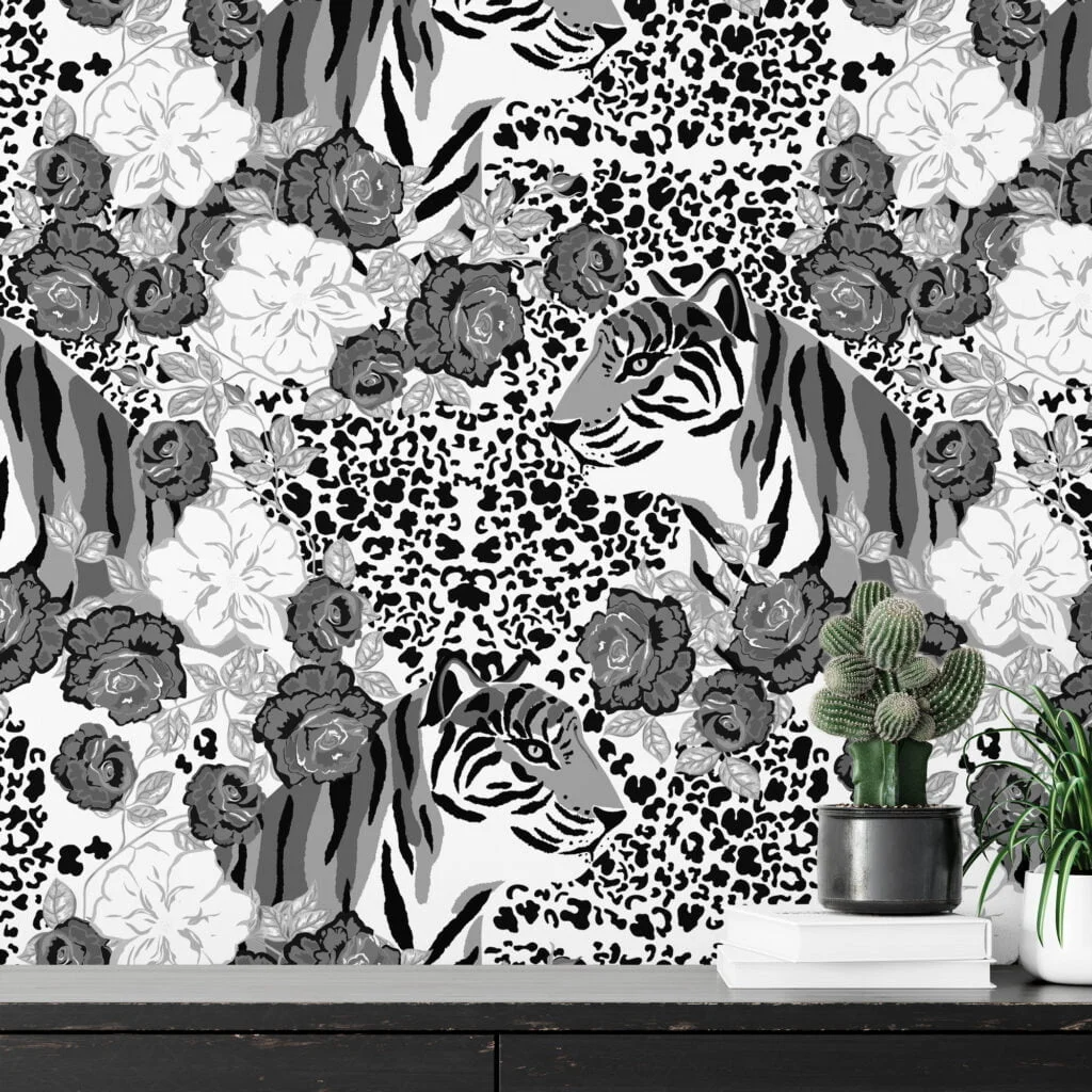 GreyScaled Roses And Tigers With Leopard Print Illustration Wallpaper, Monochrome Tiger & Floral Peel & Stick Wall Mural