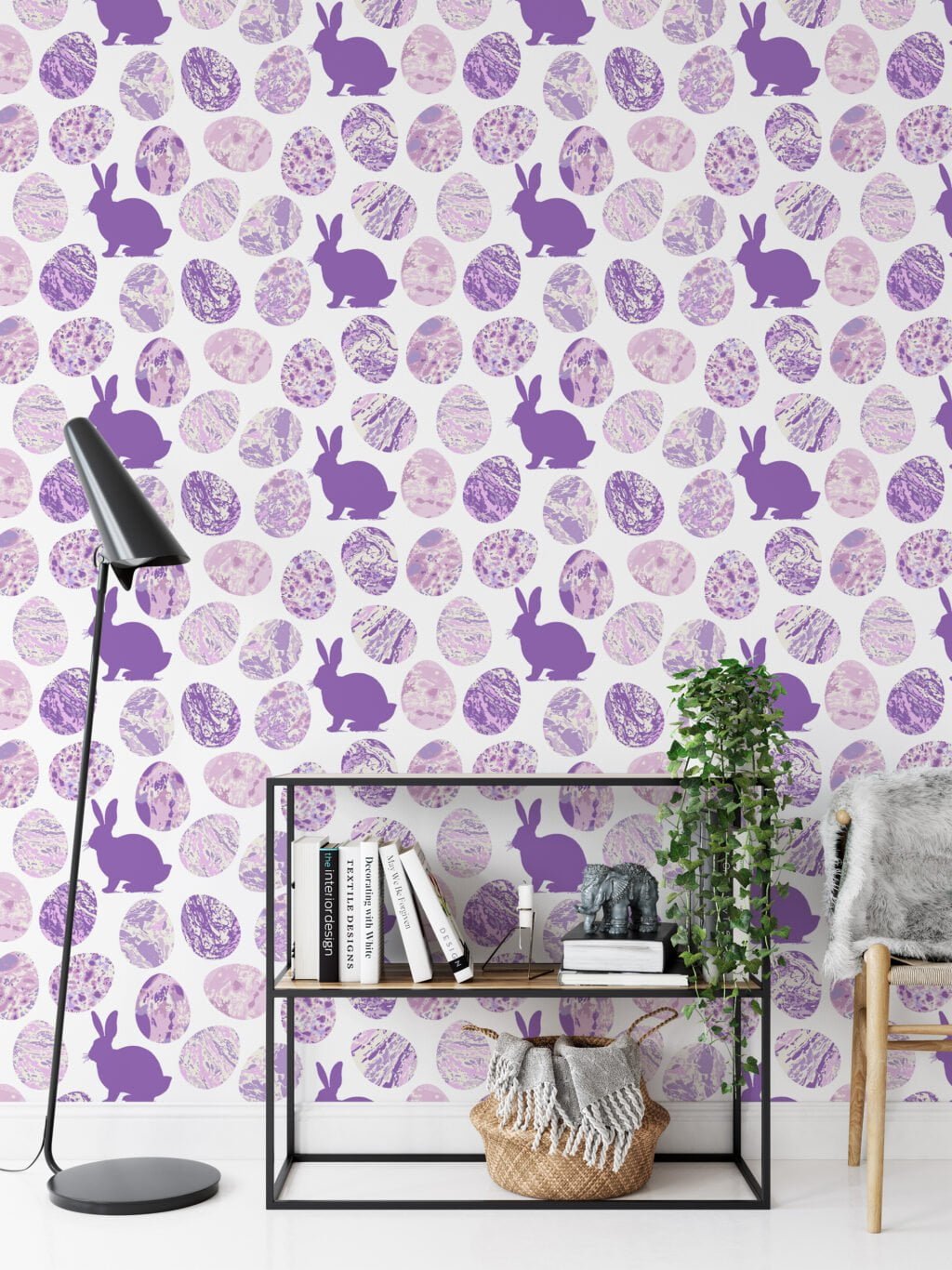 Purple Egg Shaped Ink Blotches With Bunnies Wallpaper, Charming Bunny & Egg Peel & Stick Wall Mural