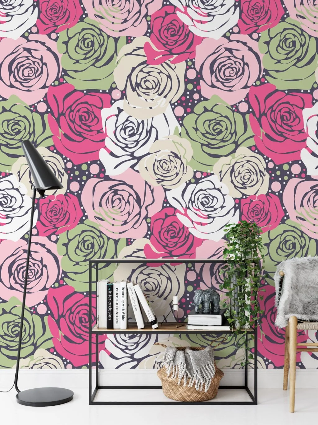 Abstract Roses Pattern Wallpaper, Playful and Retro-Inspired Peel & Stick Wall Mural