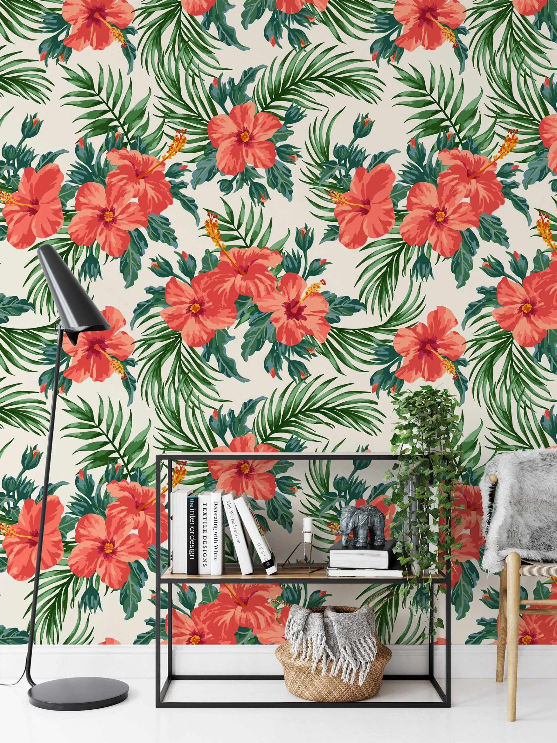 Peach Pink Flowers With Leaves Wallpaper Design, Lush Tropics Peel & Stick Wall Mural