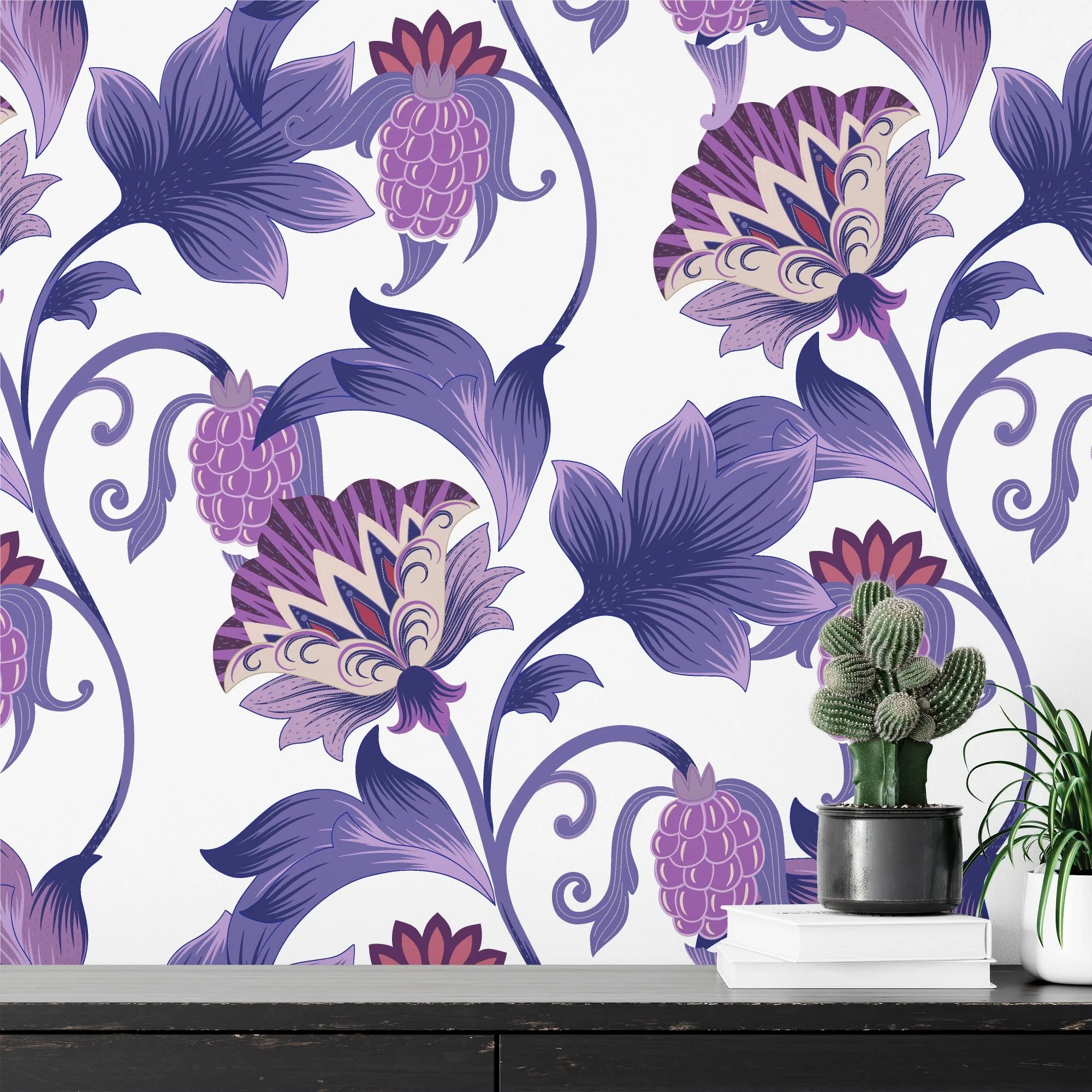 Purple Floral Paisley Illustration Wallpaper, Artistic Purple Floral Peel & Stick Wall Mural