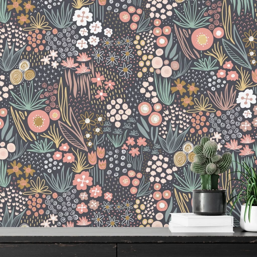 Flat Art Floral Design With A Brown Background Wallpaper, Enchanted Forest Florals Peel & Stick Wall Mural