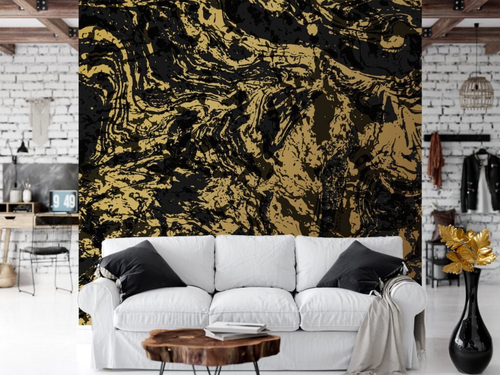Abstract Gold And Black Marble Swirls Illustration Wallpaper, Striking Marble Effect Peel & Stick Wall Mural