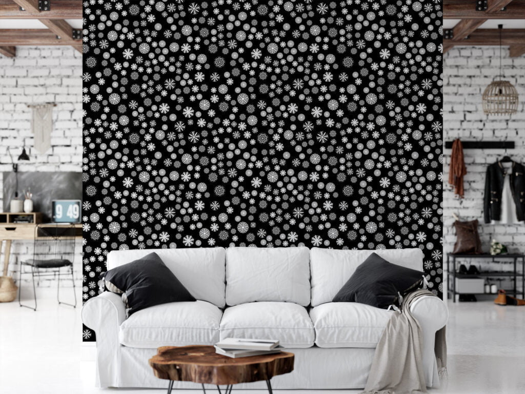 White Snowflakes On A Black Background Illustration Wallpaper, Black & White Peel & Stick Wall Mural