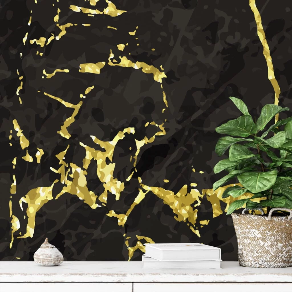 Black And Gold Illustration Wallpaper, Luxurious Black Marble Peel & Stick Wall Mural