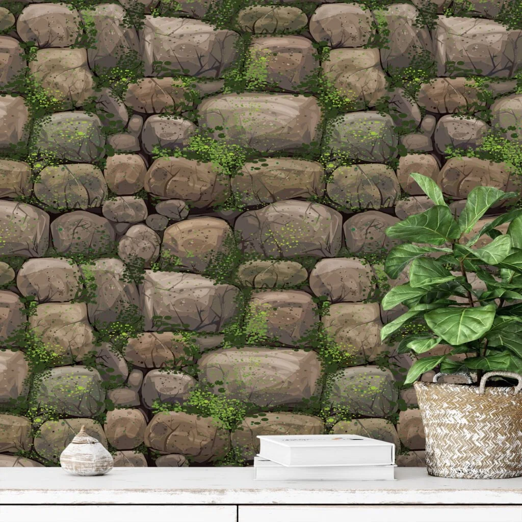 Cartoon Style Rocks And Moss Wallpaper, Natural Faux Texture Peel & Stick Wall Mural