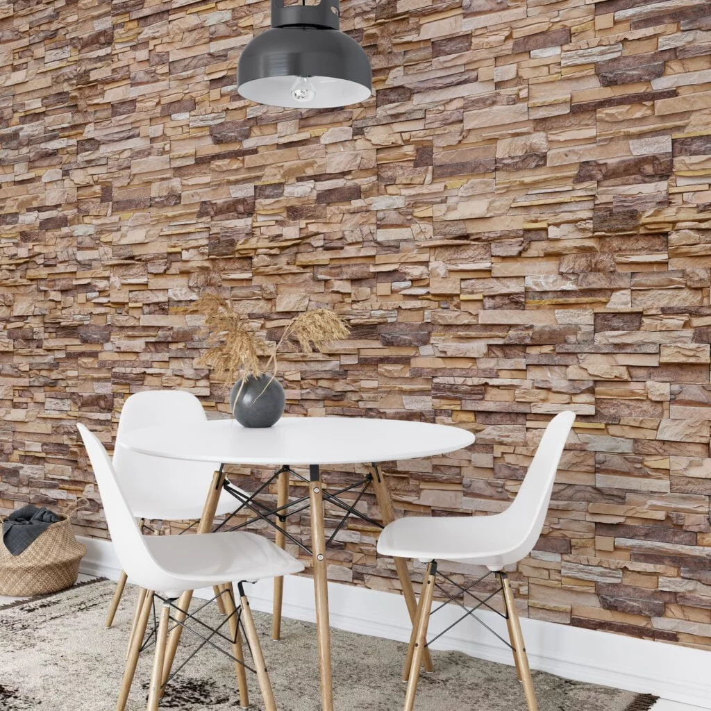 Stone Brick Wall Wallpaper, Neutral Textured Stone Cladding Peel & Stick Wall Mural