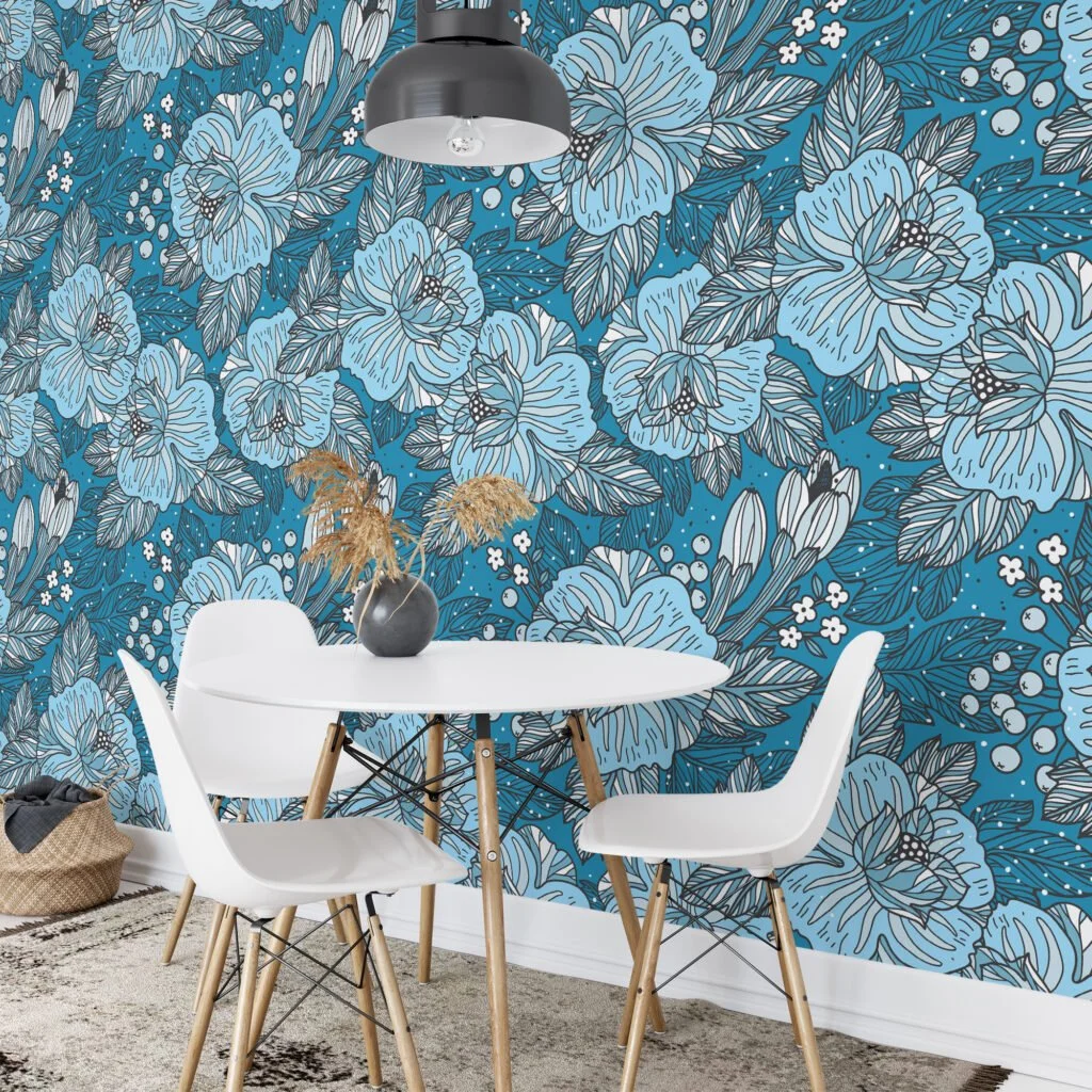 Blue Colored Outlined Floral Wallpaper Pattern, Blue Blossom Design Peel & Stick Wall Mural