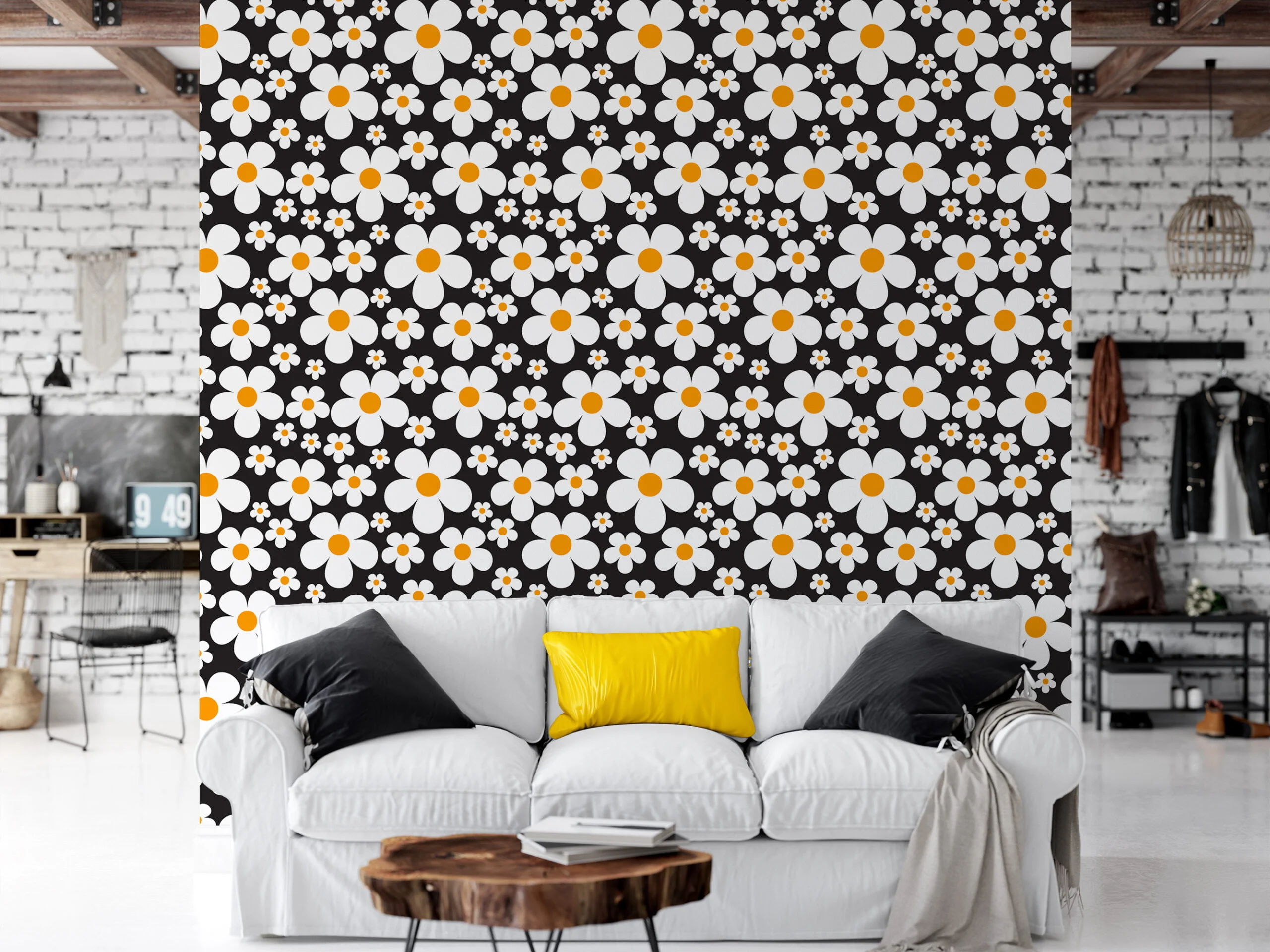 Cartoon Style Daisies Wallpaper, Chic Daisy Delight Peel & Stick Wall Mural