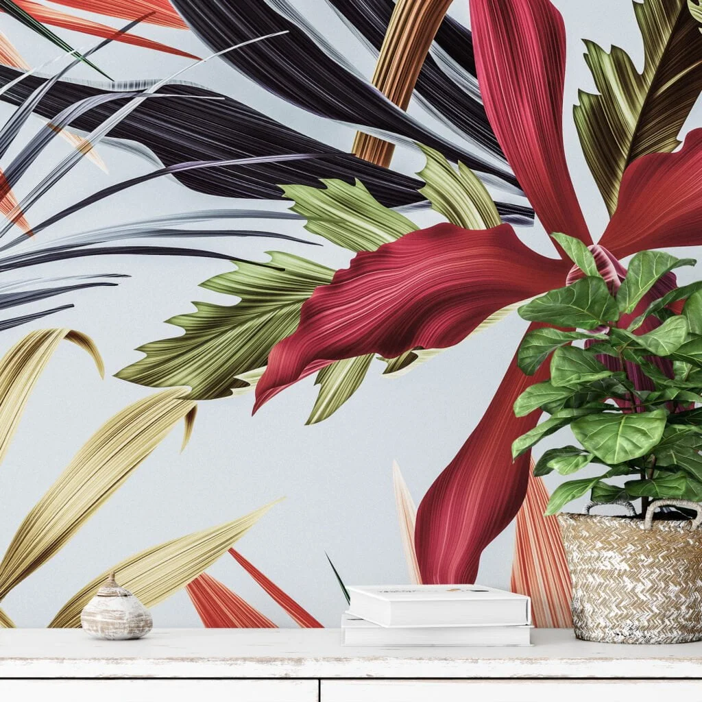 Large Pantone Tropical Flowers Wallpaper, Modern Tropical Abstract Peel & Stick Wall Mural