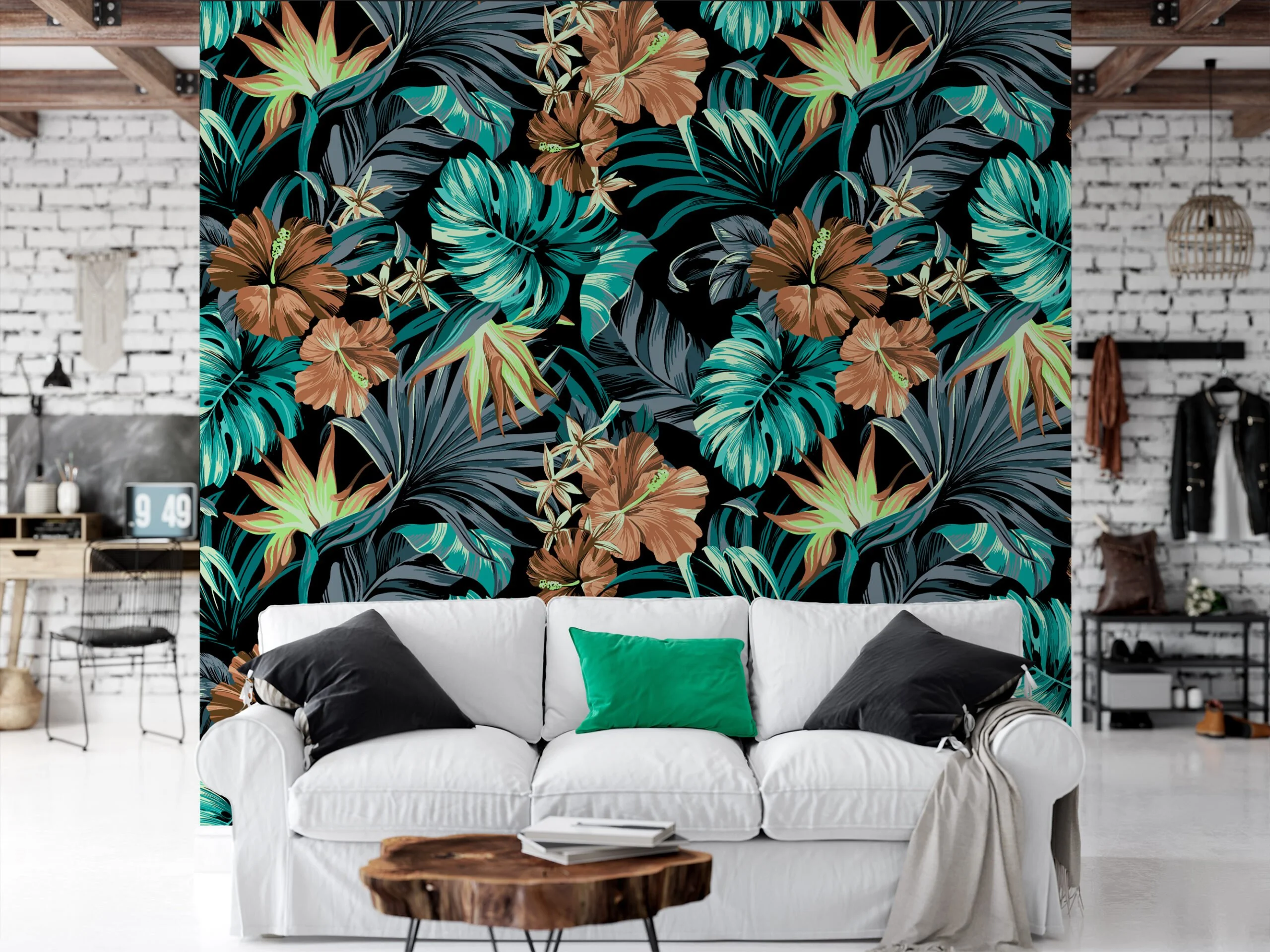 Tropical Leaves And Flowers On A Black Background Wallpaper, Exotic Green and Brown Flora Peel & Stick Wall Mural
