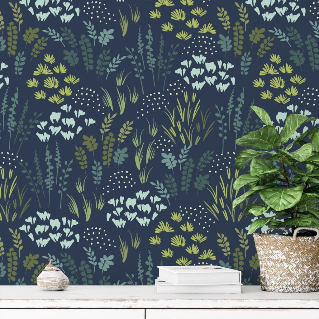 Dark Blue Flat Art Flowers And Leaves Illustration Wallpaper, Vintage Floral Elegant Peel & Stick Wall Mural