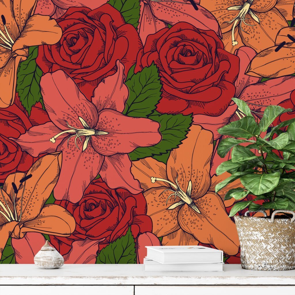 Colorful Retro Outlined Red Roses And Flowers Illustration Wallpaper, Lush Rose and Lily Bloom Peel & Stick Wall Mural