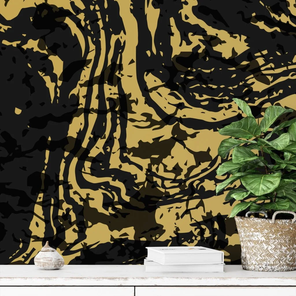 Black And Gold Abstract Design Illustration Wallpaper, Marble Swirl Peel & Stick Wall Mural