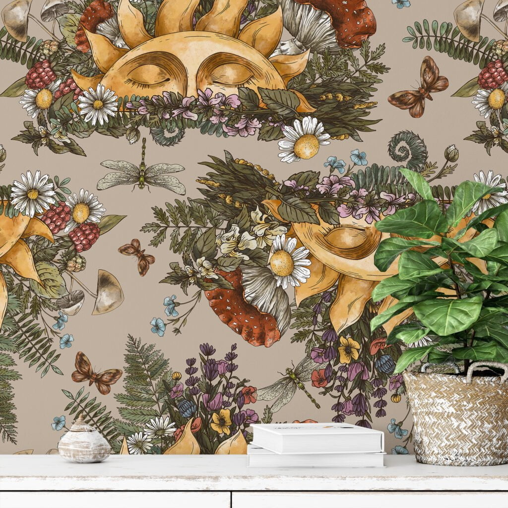 Floral Mystic Sun Illustration With Butterflies And Dragonflies Wallpaper, Enchanted Forest Peel & Stick Wall Mural