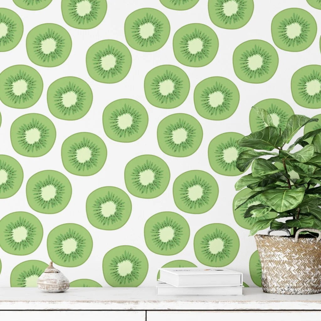 Kiwi Slices Illustration Wallpaper, Vibrant Green Kitchen Decor Peel & Stick Wall Mural