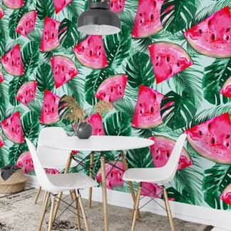 Tropical Leaves With Watermelons Illustration Wallpaper, Juicy Watermelon Slices & Palm Leaves Peel & Stick Wall Mural