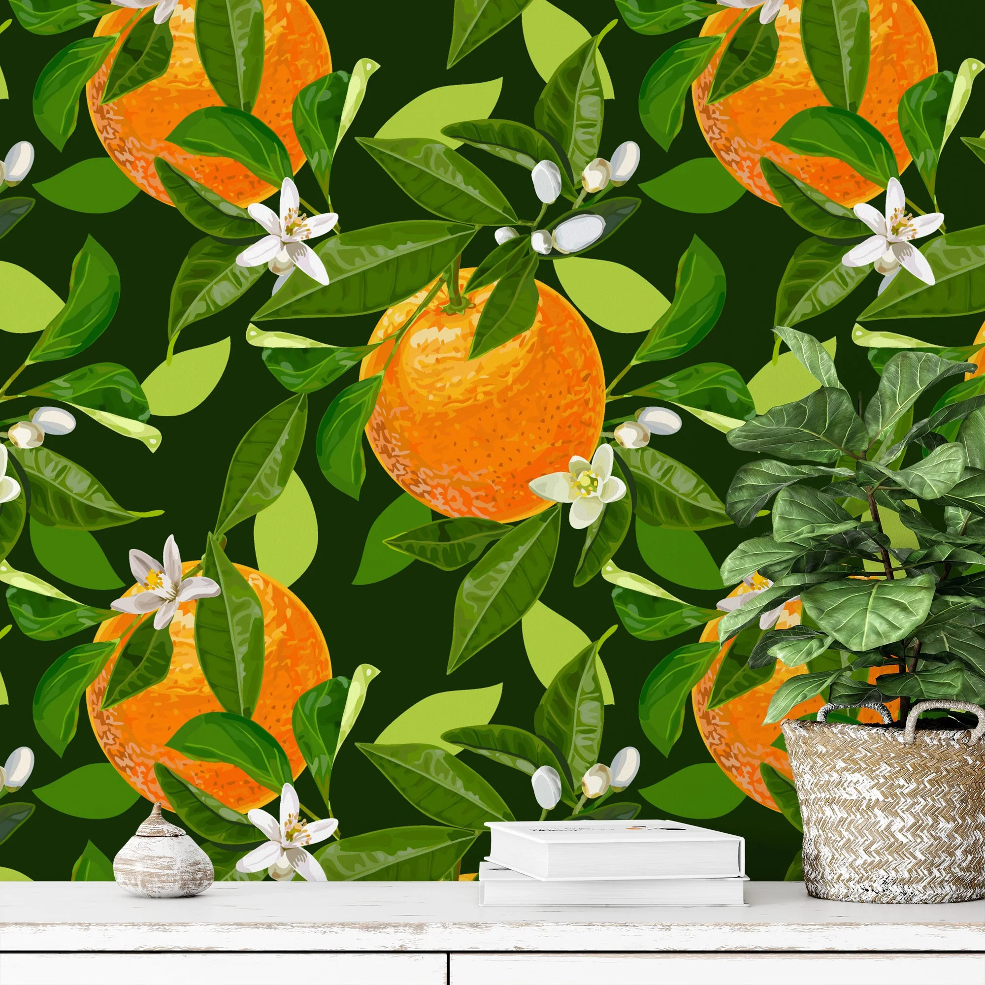 Oranges Illustration Wallpaper, Tropical Fresh Citrus Peel & Stick Wall Mural