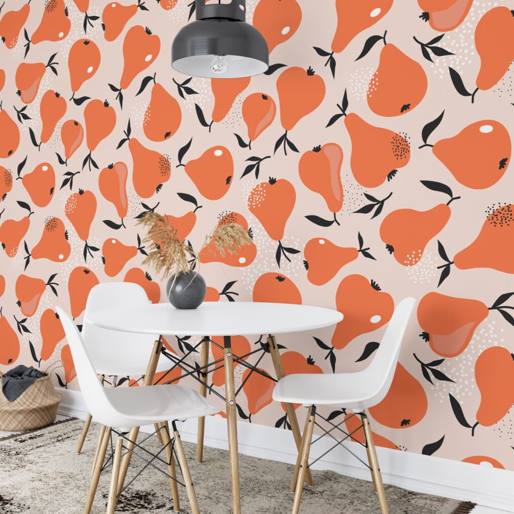 Simple Orange Pears Pattern Illustration Wallpaper, Abstract Autumn Pears Peel & Stick Wall Mural