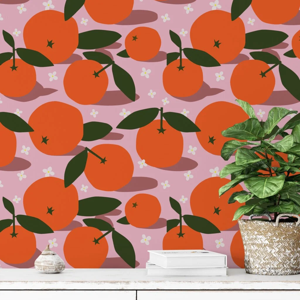 Flat Art Oranges Pattern Illustration Wallpaper, Cheerful Citrus Orchard Peel & Stick Wall Mural