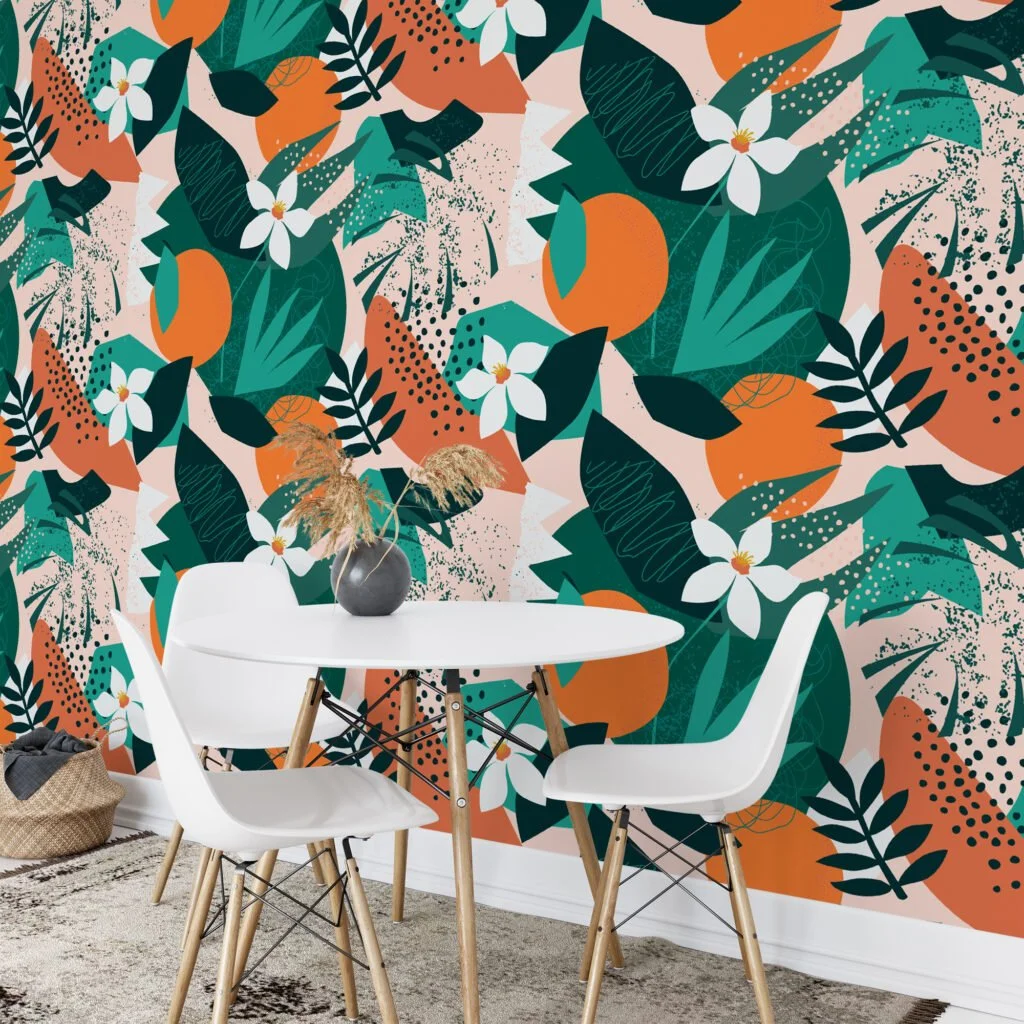 Floral Retro Orange and Leaves Design Wallpaper, Abstract Tropical Elegant Peel & Stick Wall Mural