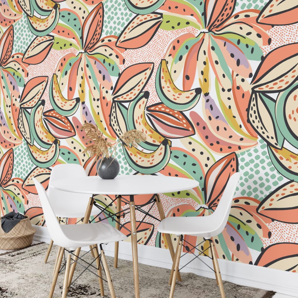 Colorful Abstract Banana Illustration Wallpaper, Playful Tropical Decor Peel & Stick Wall Mural