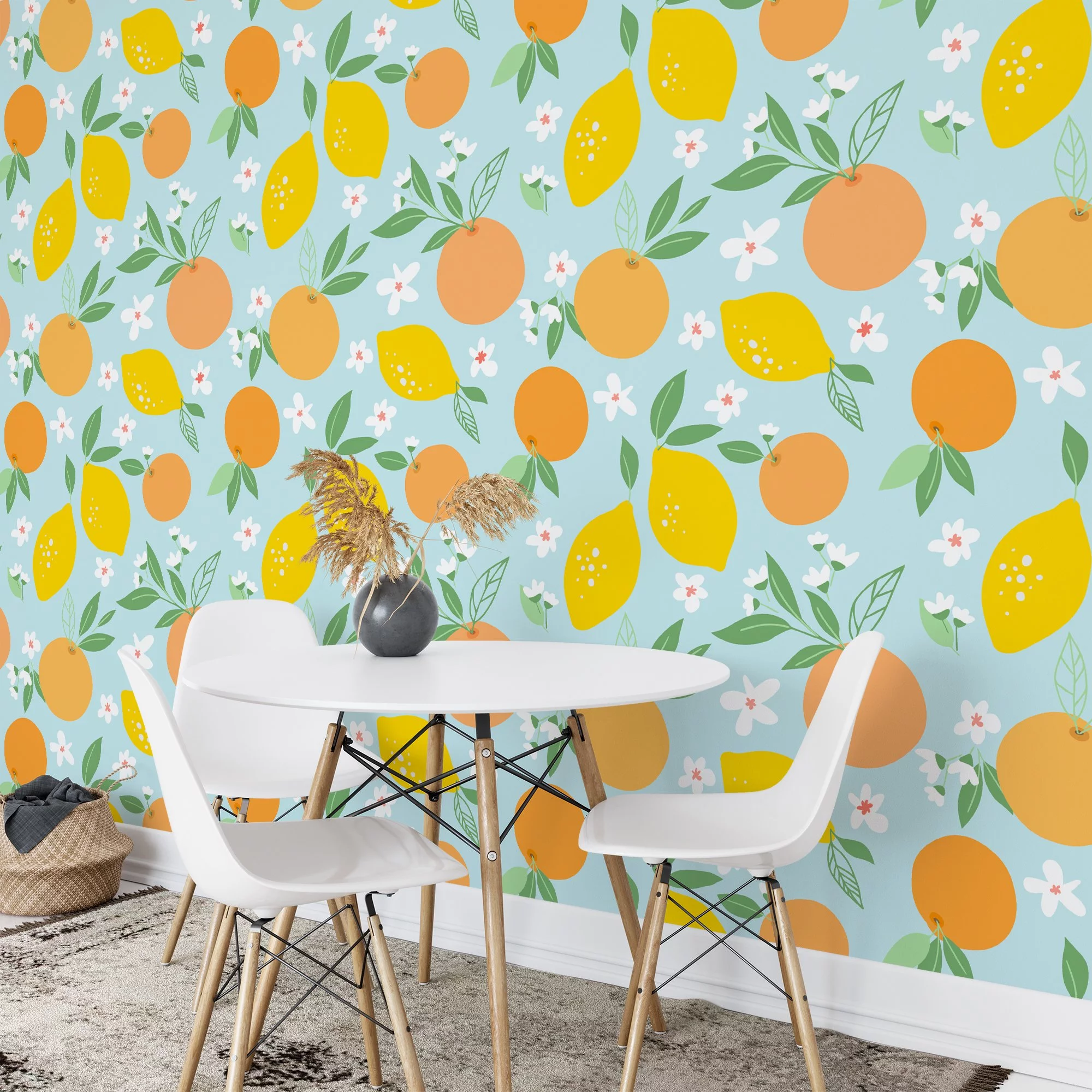 Floral Flat Art Design With Oranges And Lemons Illustration Wallpaper, Sunny Citrus Bloom Peel & Stick Wall Mural