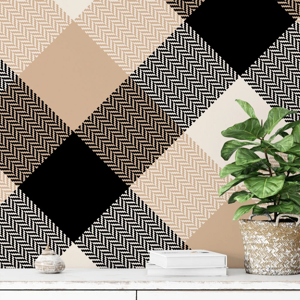 Beige And Black Checker Illustration Wallpaper, Contemporary Neutral Geometric Peel & Stick Wall Mural