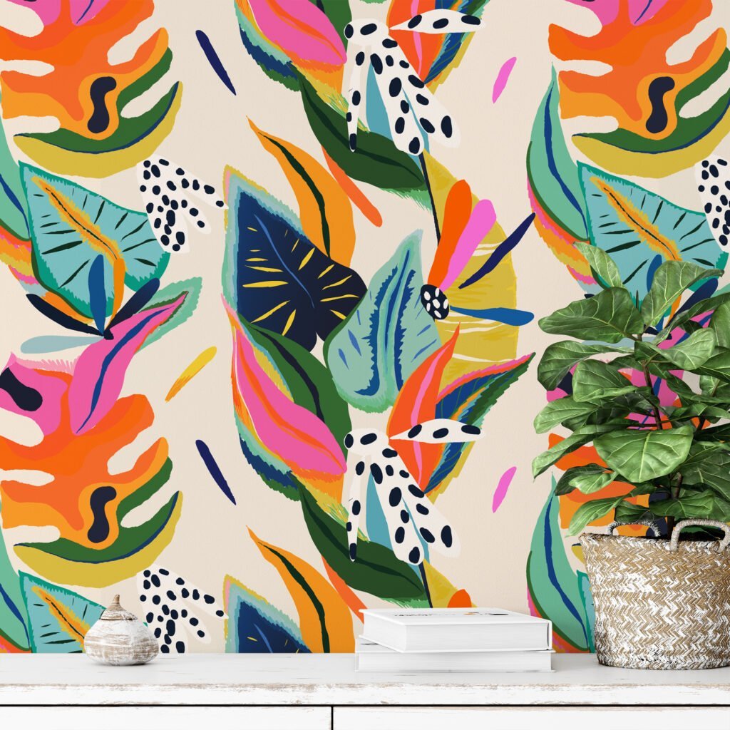 Abstract Colorful Leaves Wallpaper, Vibrant Tropical Contemporary Peel & Stick Wall Mural