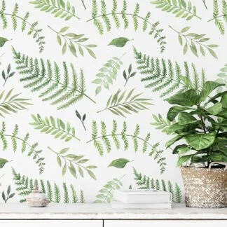 Watercolor Green Leaves And Branches Pattern Wallpaper, Refreshing Botanical Peel & Stick Wall Mural