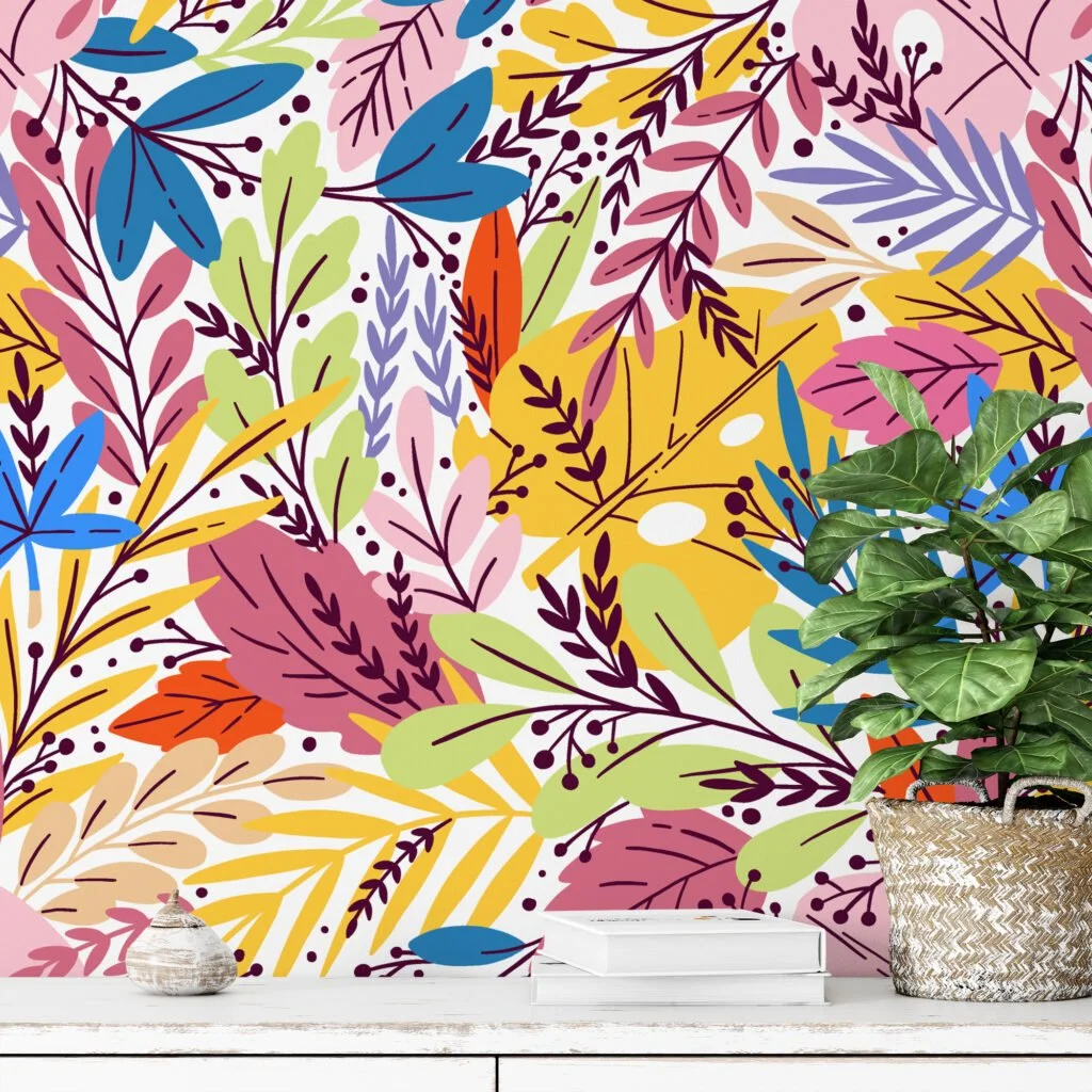 Colorful leaves Illustration Wallpaper, Vibrant Leaf Pattern Peel & Stick Wall Mural