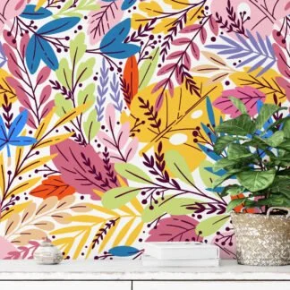 Colorful leaves Illustration Wallpaper, Vibrant Leaf Pattern Peel & Stick Wall Mural