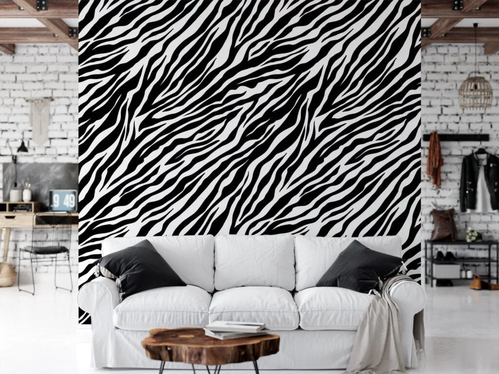 Zebra Skin Print Pattern Illustration Wallpaper, Classic Black & White Stripe Design Peel & Stick Wall Mural