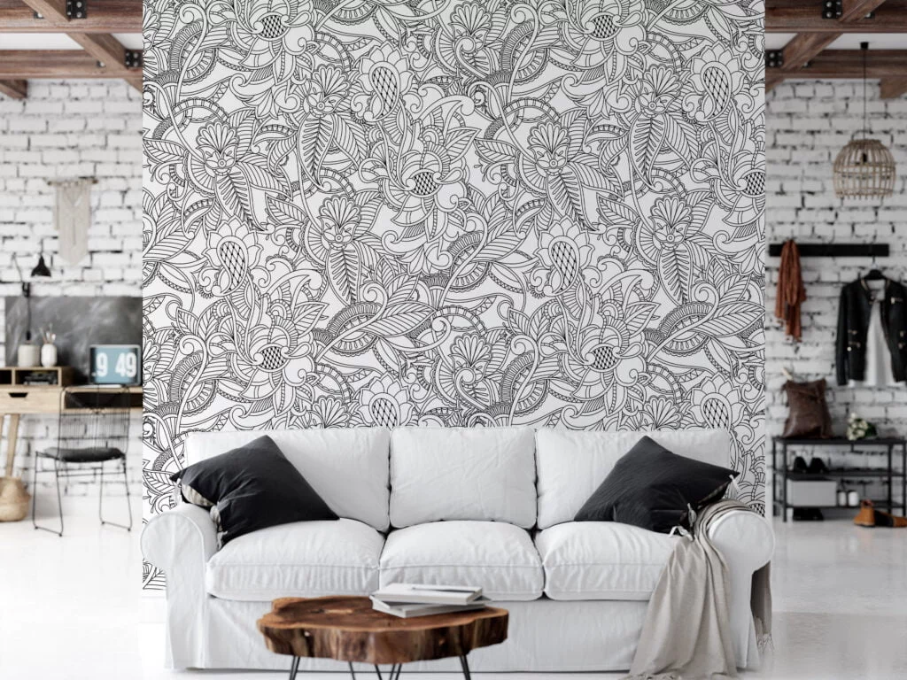 Black And White Paisley Line Art Wallpaper, Monochrome Botanical Peel & Stick Wall Mural