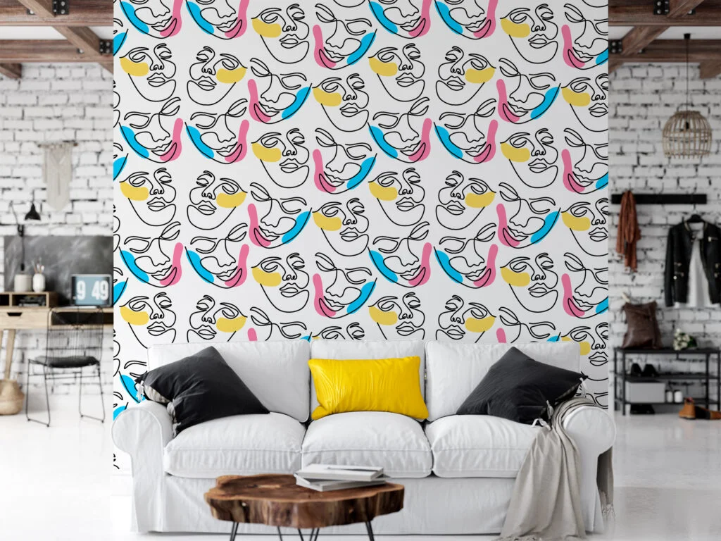 Abstract Faces Line Art Illustration Wallpaper, Vibrant Contemporary Peel & Stick Wall Mural