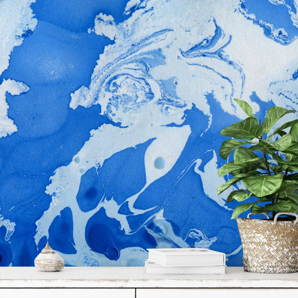 Blue Swirly Ink Art Illustration Wallpaper, Artistic Wave Design Peel & Stick Wall Mural