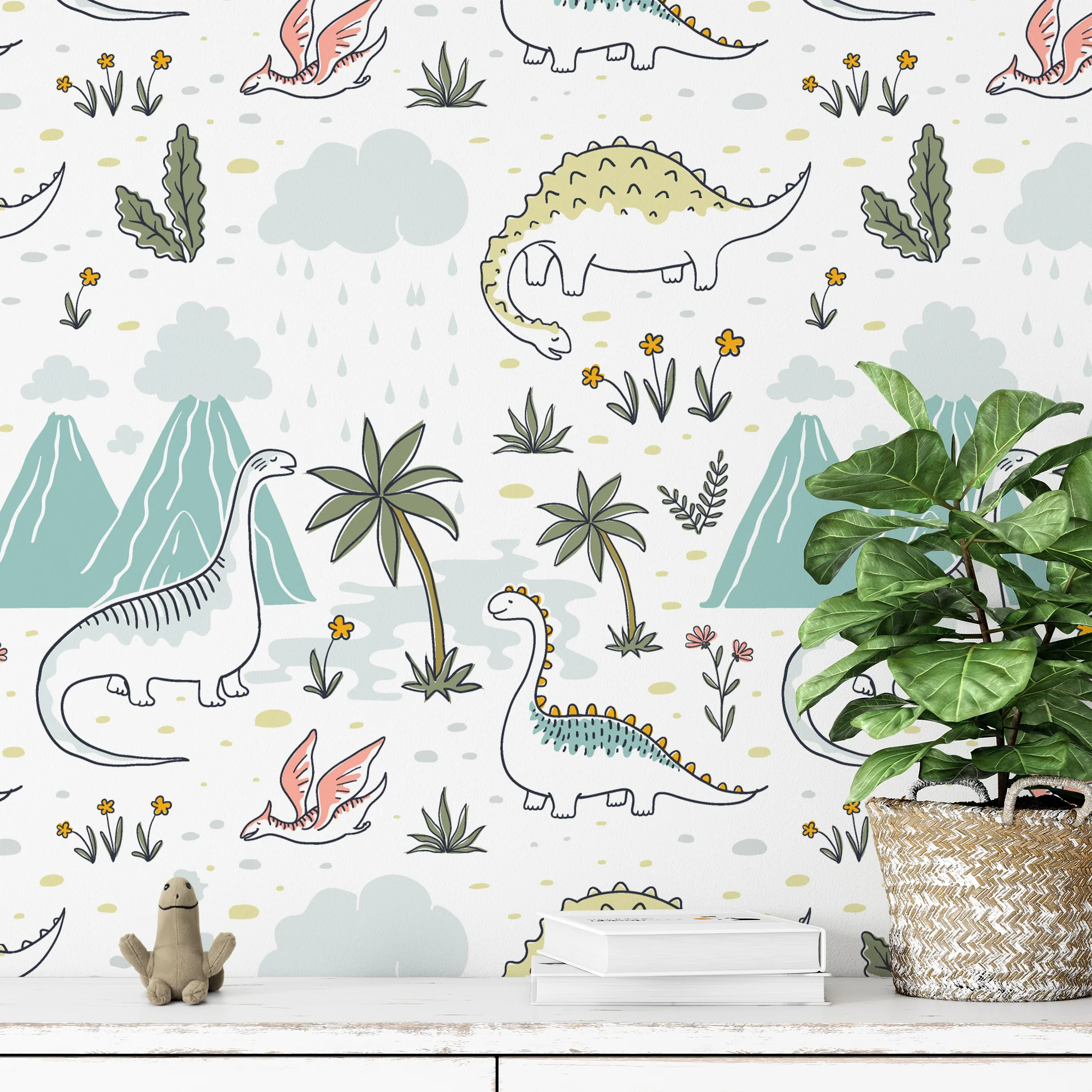 Nursery Dinosaurs Drawings With Flowers Illustration Wallpaper, Dinosaur Adventure Kids Room Peel & Stick Wall Mural