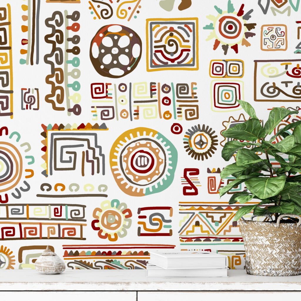Abstract Historic Hieroglyphs Illustration Wallpaper On A White Background, Art Deco Tribal Peel & Stick Wall Mural