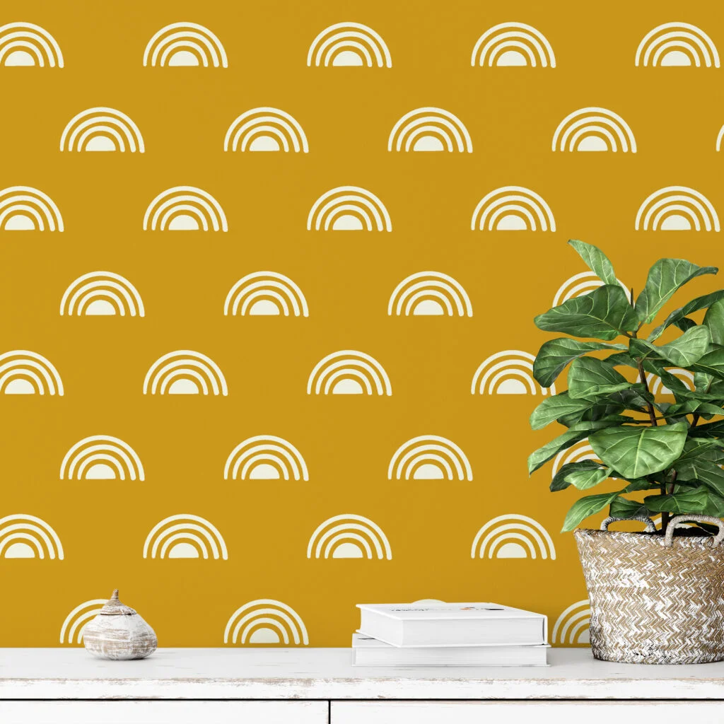 Yellow Boho Pattern Illustration Wallpaper, Chic Sunny Arches Peel & Stick Wall Mural