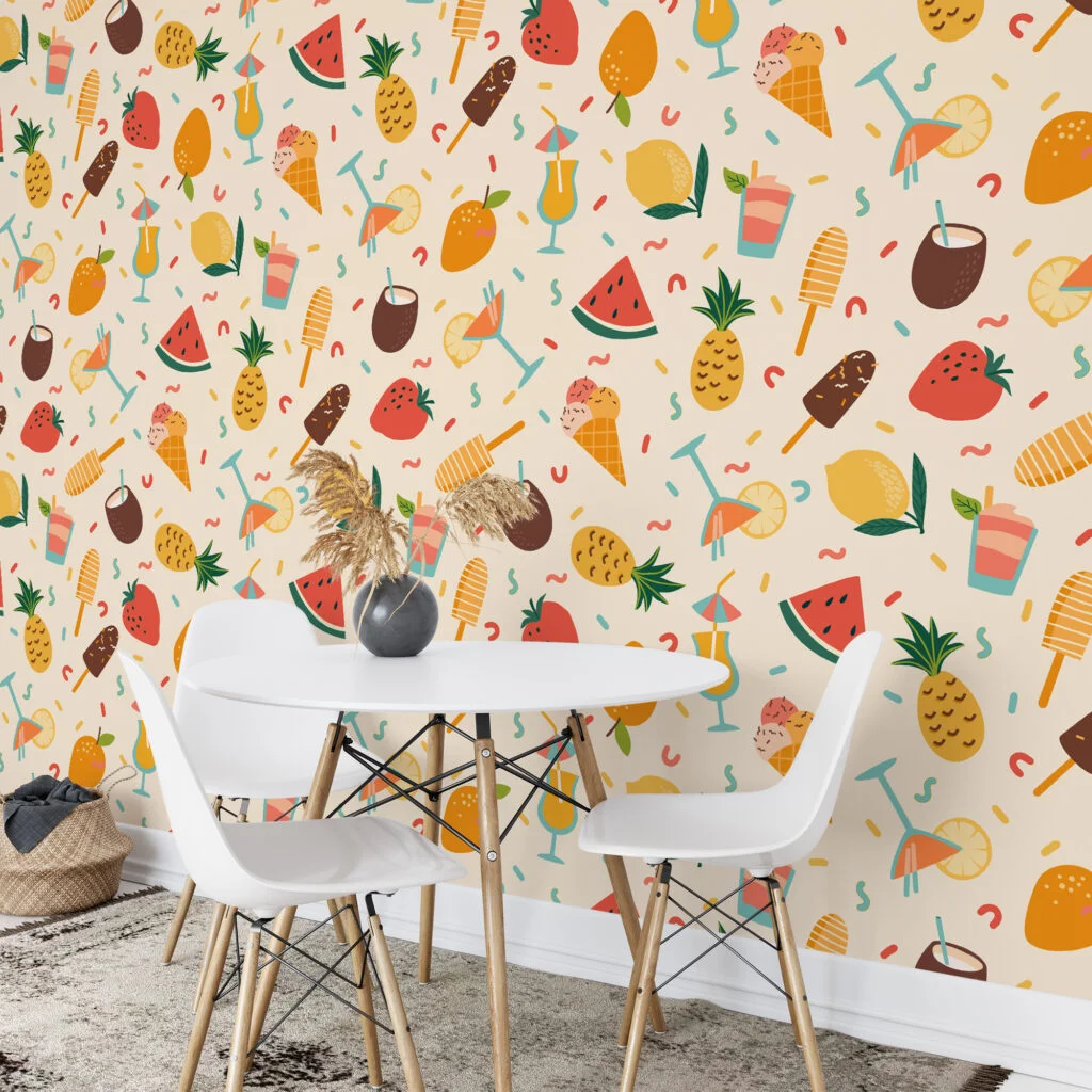 Retro Summer Vibes Party Icons Fruit Illustration Wallpaper, Tropical Fruit & Ice Cream Peel & Stick Wall Mural