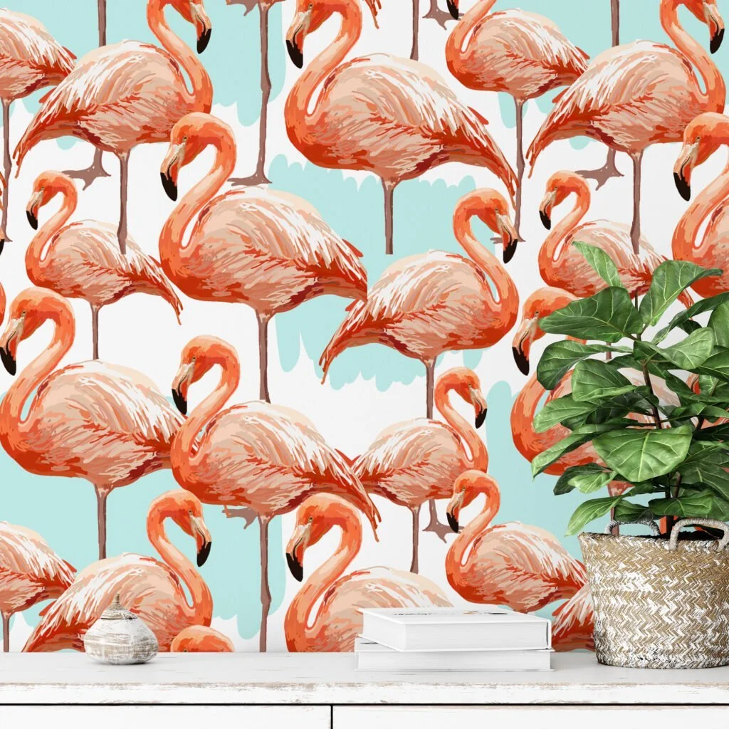 Elegant Abstract Flamingos Pattern Wallpaper, Tropical Pink Peel & Stick Wall Mural