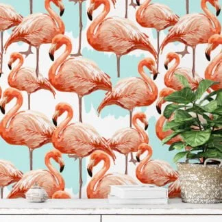 Elegant Abstract Flamingos Pattern Wallpaper, Tropical Pink Peel & Stick Wall Mural