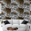 Floral Line Art With A Large Tiger Illustration Wallpaper, Monochrome Leopard & Floral Print Peel & Stick Wall Mural