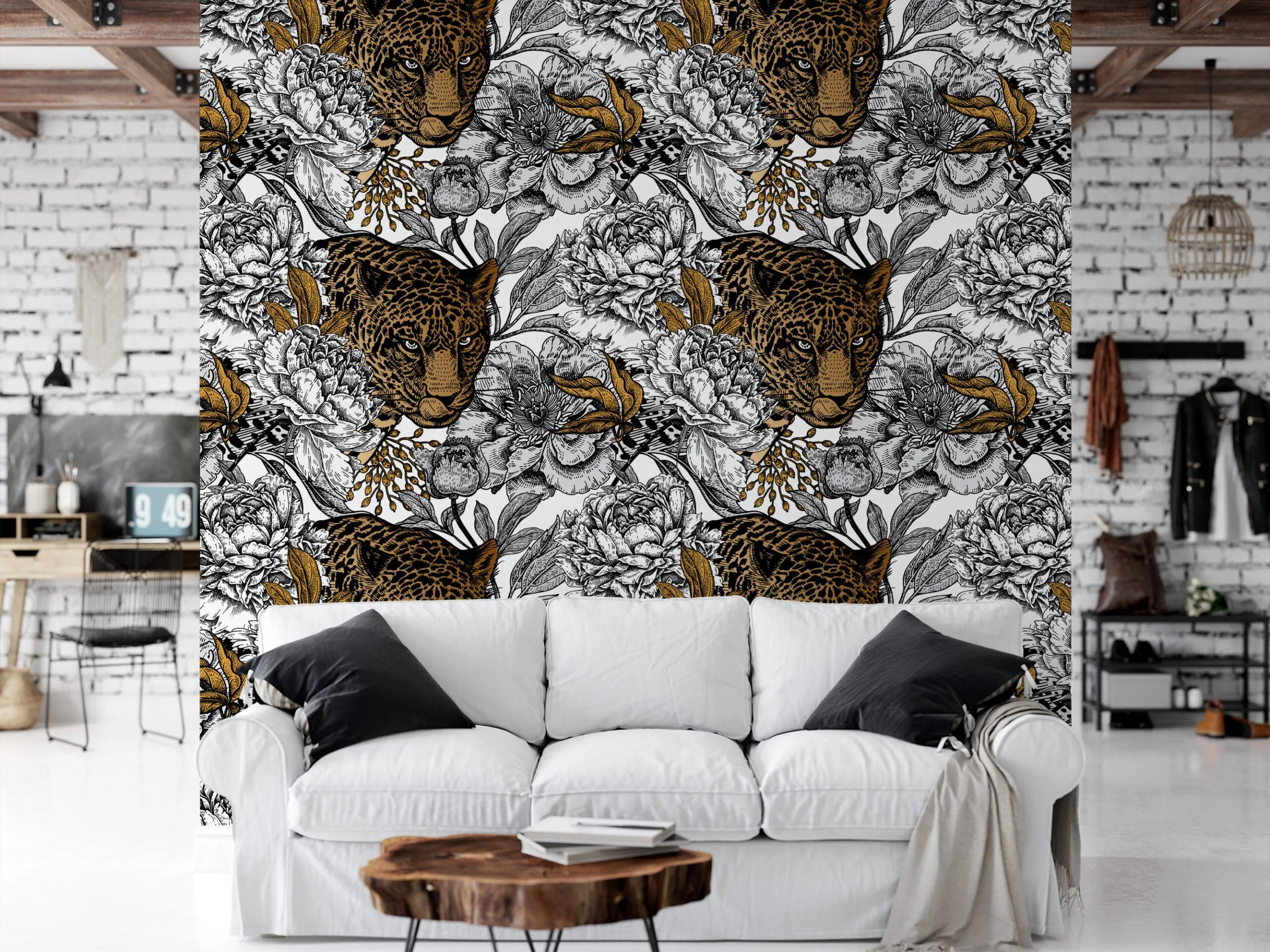 Floral Line Art With A Large Tiger Illustration Wallpaper, Monochrome Leopard & Floral Print Peel & Stick Wall Mural